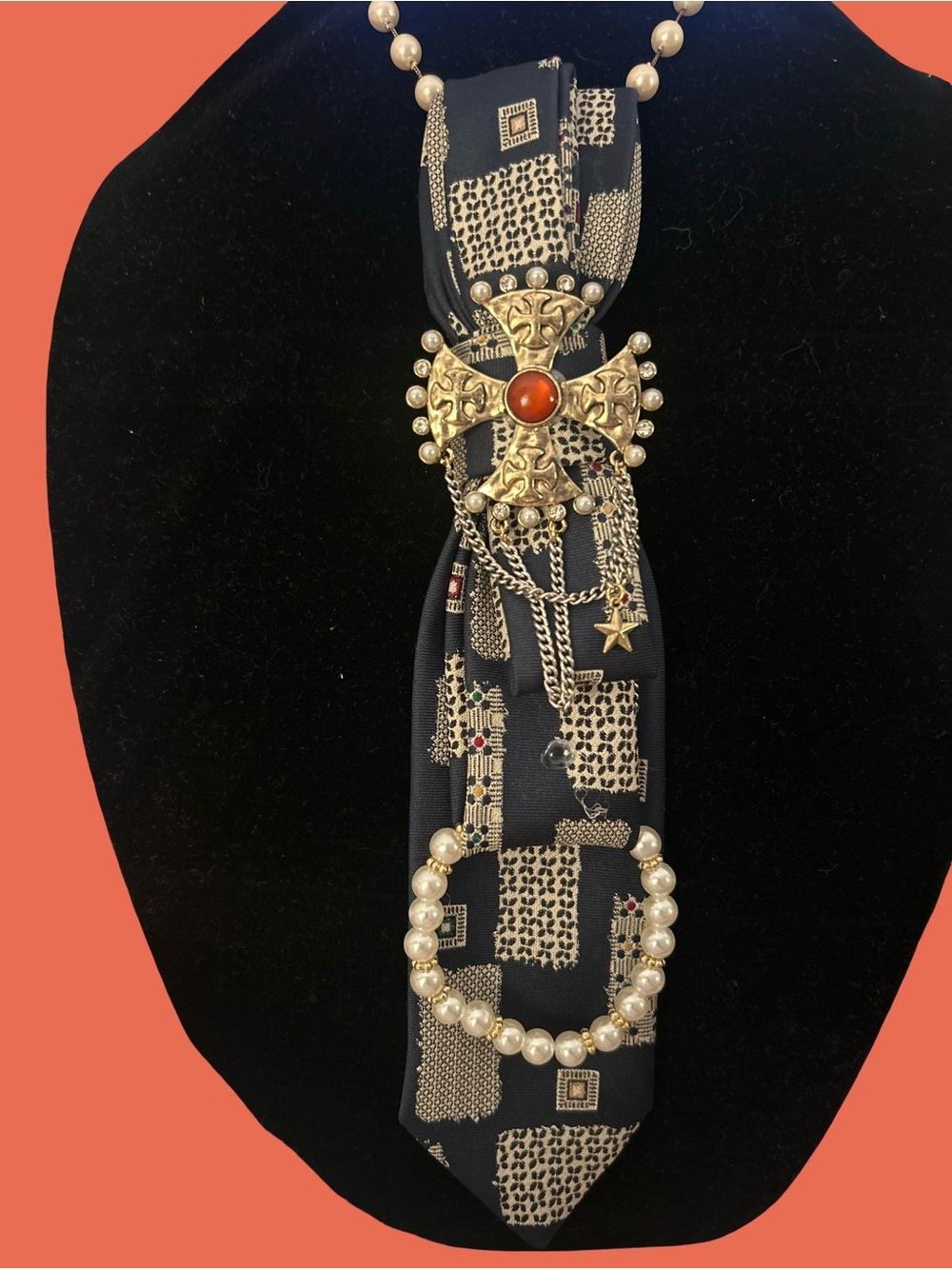 Black Patterned Tie Necklace with Gold Cross and Pearl Accents